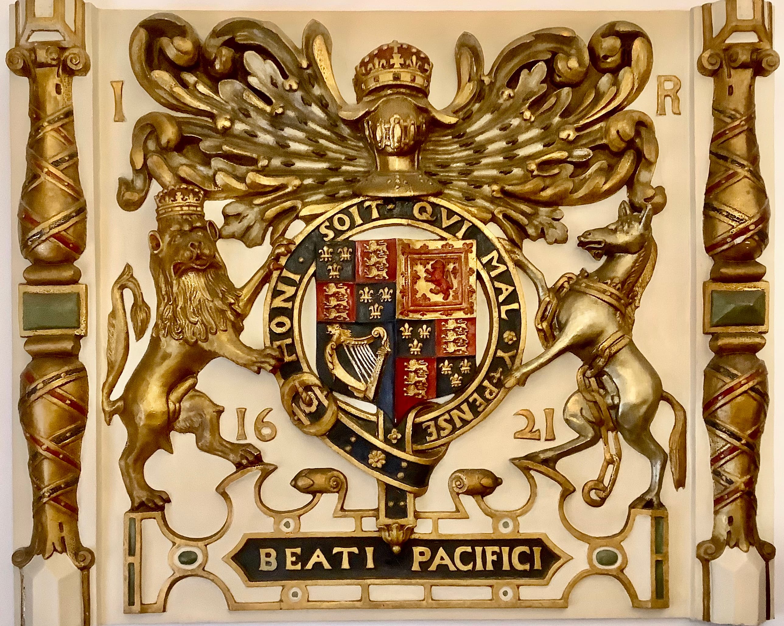 The royal arms carved in 1621, in the Mayfair board room